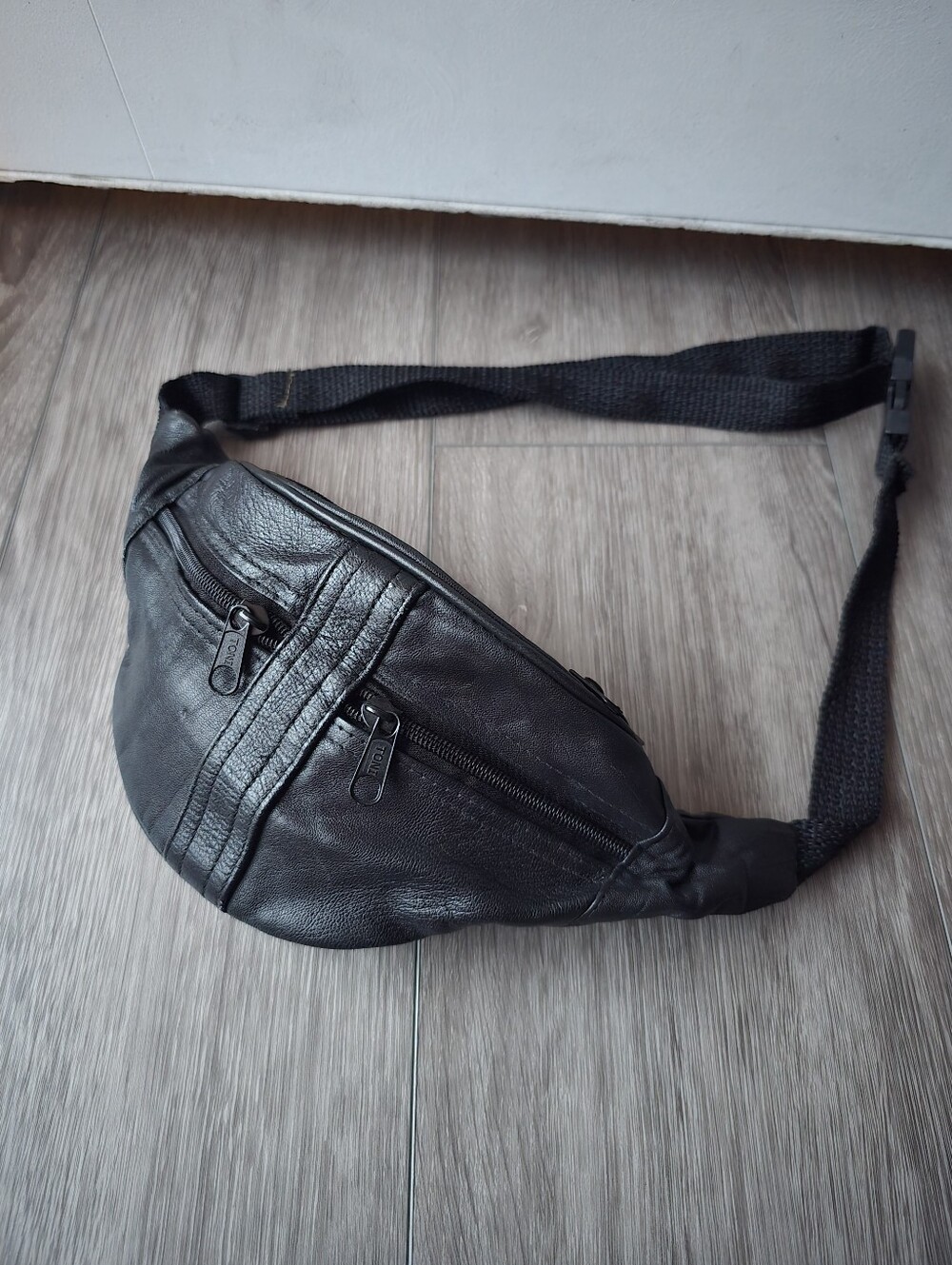 Black Genuine Leather Fanny Pack Waist Bag Multi Pocket Vintage Y2K Belt Bag